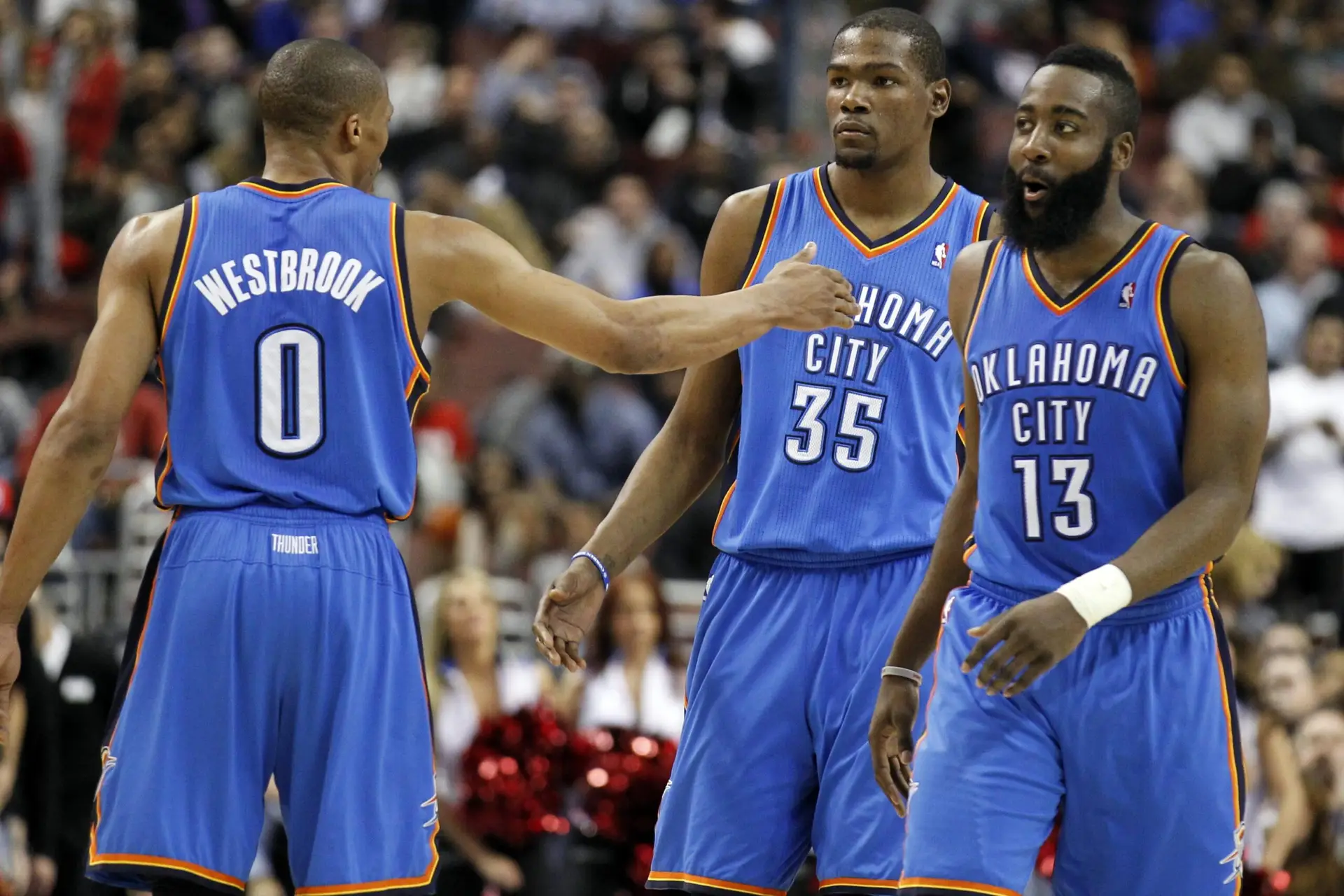 James Harden, Russell Westbrook, and Kevin Durant of OKC Thunder during a match